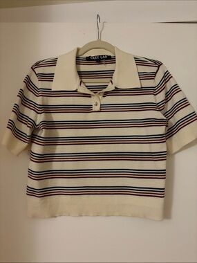 GREY LAB Cream Polo Top with Navy and Burgundy Stripes